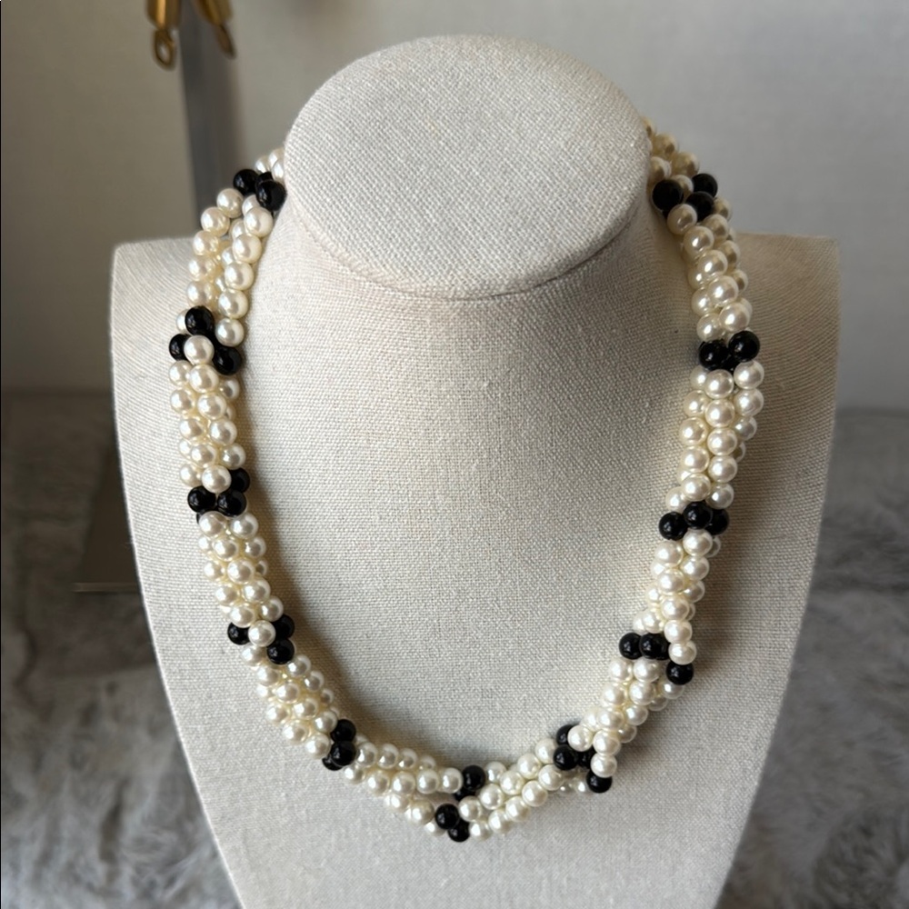 White and Black Multi-Strand Beaded Necklace